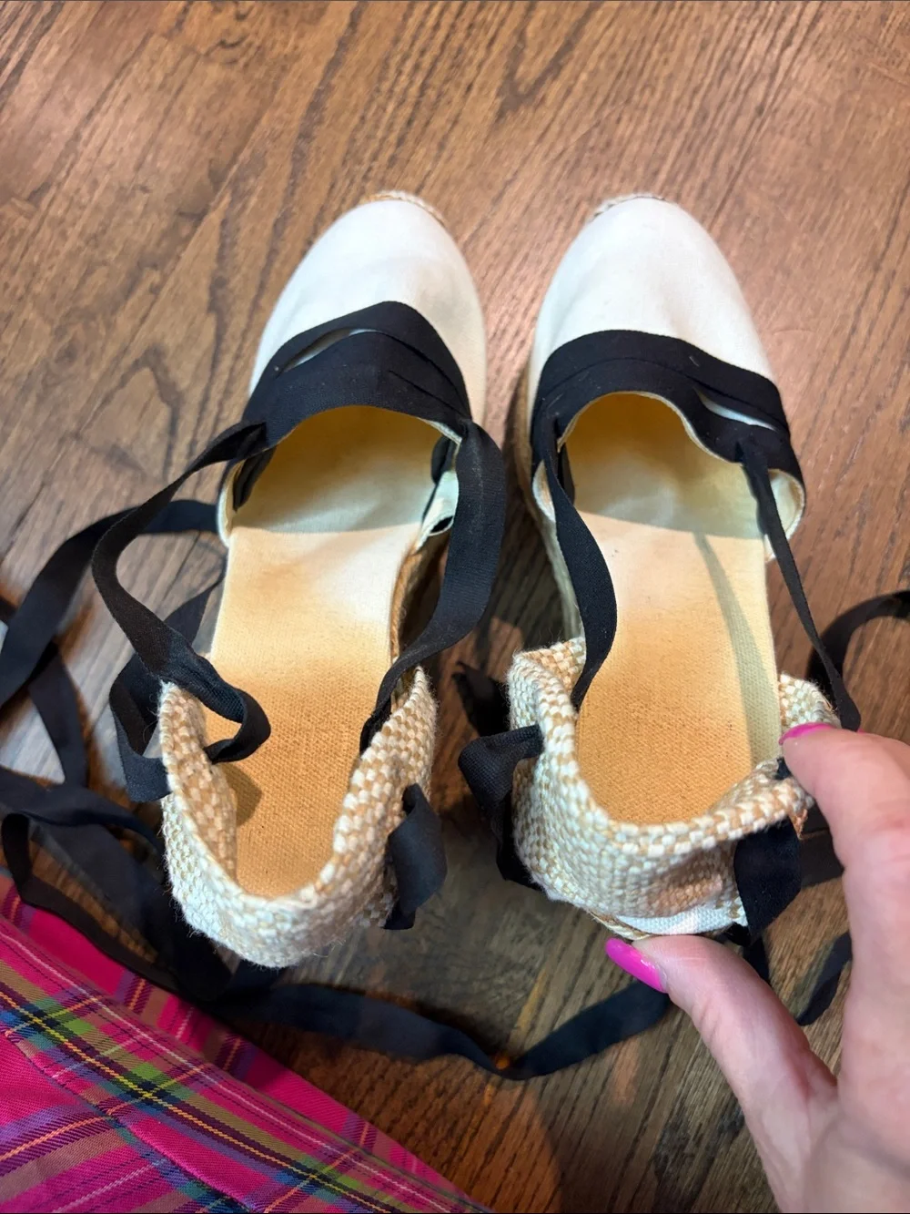 Castaner size 7 Cream Canvas Espadrille Wedges with Black Ribbon Ties